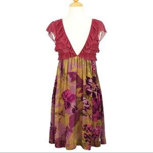 Silk mesh vintage floral ruffled velvet dress